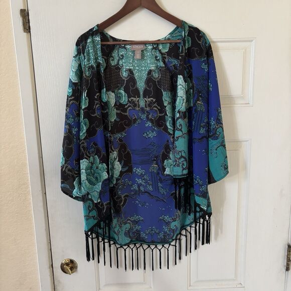 Chicos Open Wrap Top Asian Inspired Art to Wear SZ 1 Boho Blue Colorful Glam 90s - Picture 2 of 13